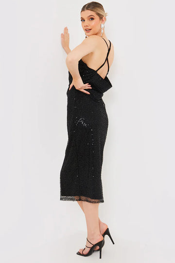 Beaded Sequin Cowl Neck Low Back Midi Slip Dress
